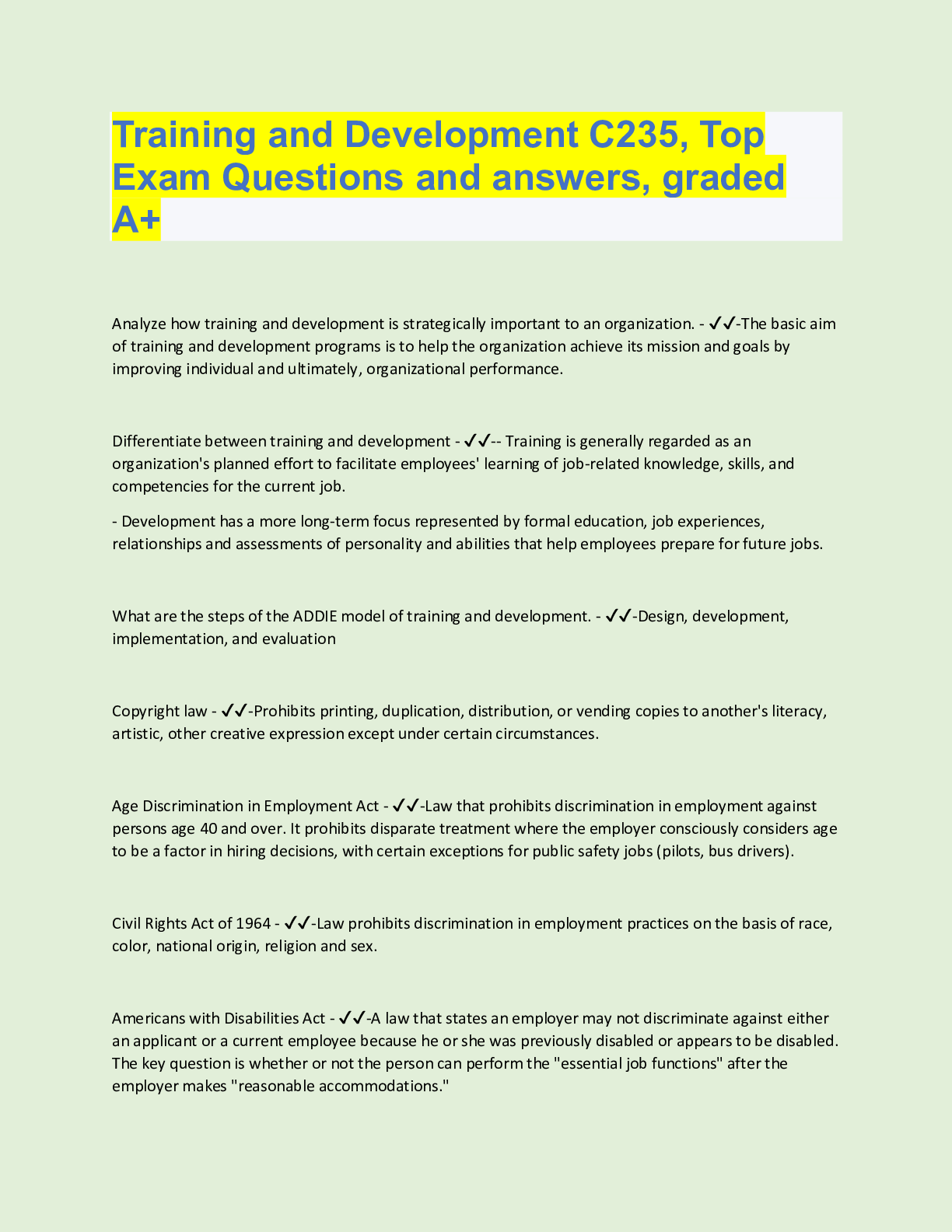 Preview image for Training and Development C235, Top  Exam Questions and answers, graded  A+